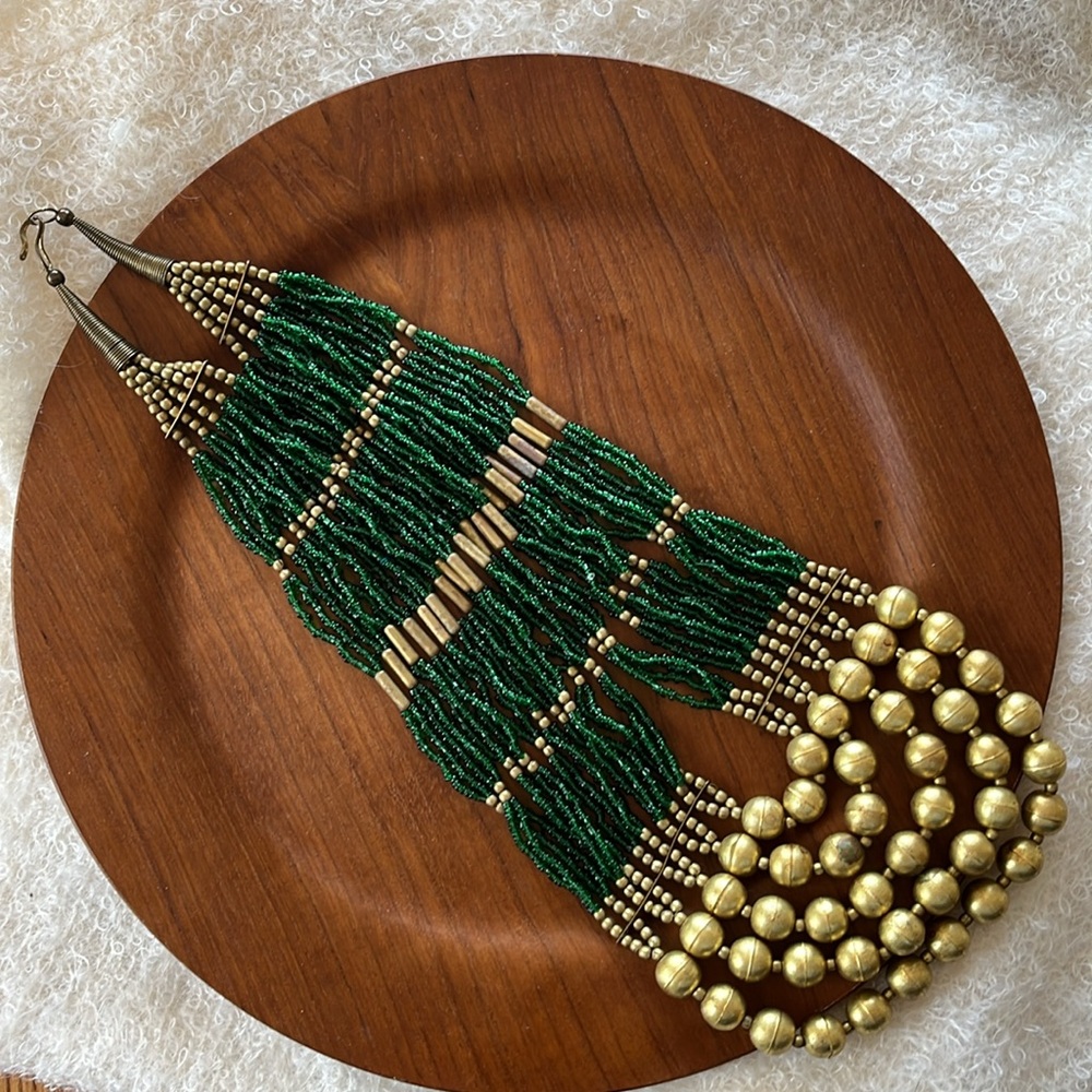 Green and Gold Beads Multilayered Statement Mixed Materials Artisan Necklace - Picture 4 of 17